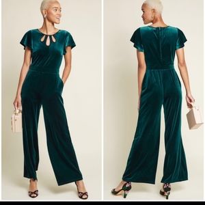 Modcloth Mystery Mastery Velvet Jumpsuit Green L